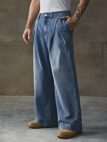 AXEPEAK 男士休闲通勤水洗阔腿牛仔裤 - 藍色 - 查看 5