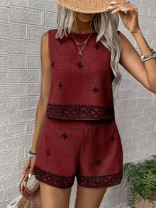 EMERY ROSE 2pcs Vacation Casual Geometric Embroidery Tank Top And Shorts Set - Burgundy - View 5