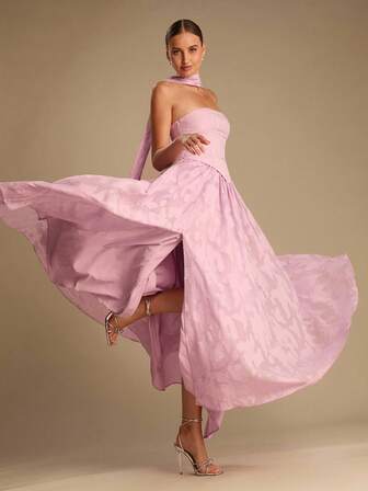 Enchnt Romantic Pinkish-Purple Pleated, Cross-Hem, Backless, Strapless Princess-Style Dress Is Perfect For Autumn And Winter. It Features A Ribbon Neckline And Exudes French Elegance. Stylish And Chic, It's Suitable For Parties, Dates, Holidays, Graduations, Weddings, Office Occasions, Outings, Halloween, Christmas, And Other Occasions. (Autumn Women's Wear, Autumn Clothing, Autumn Suits, Carnival, New Year Women's Wear)