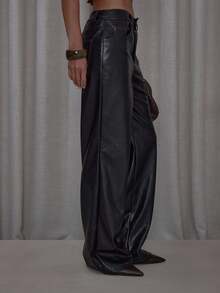 MUSERA 撞色缝线喇叭形仿皮裤 街头风 可爱 优雅 休闲 性感 外出 秋季 太妃糖色 圣诞节 冬季 派对 新年