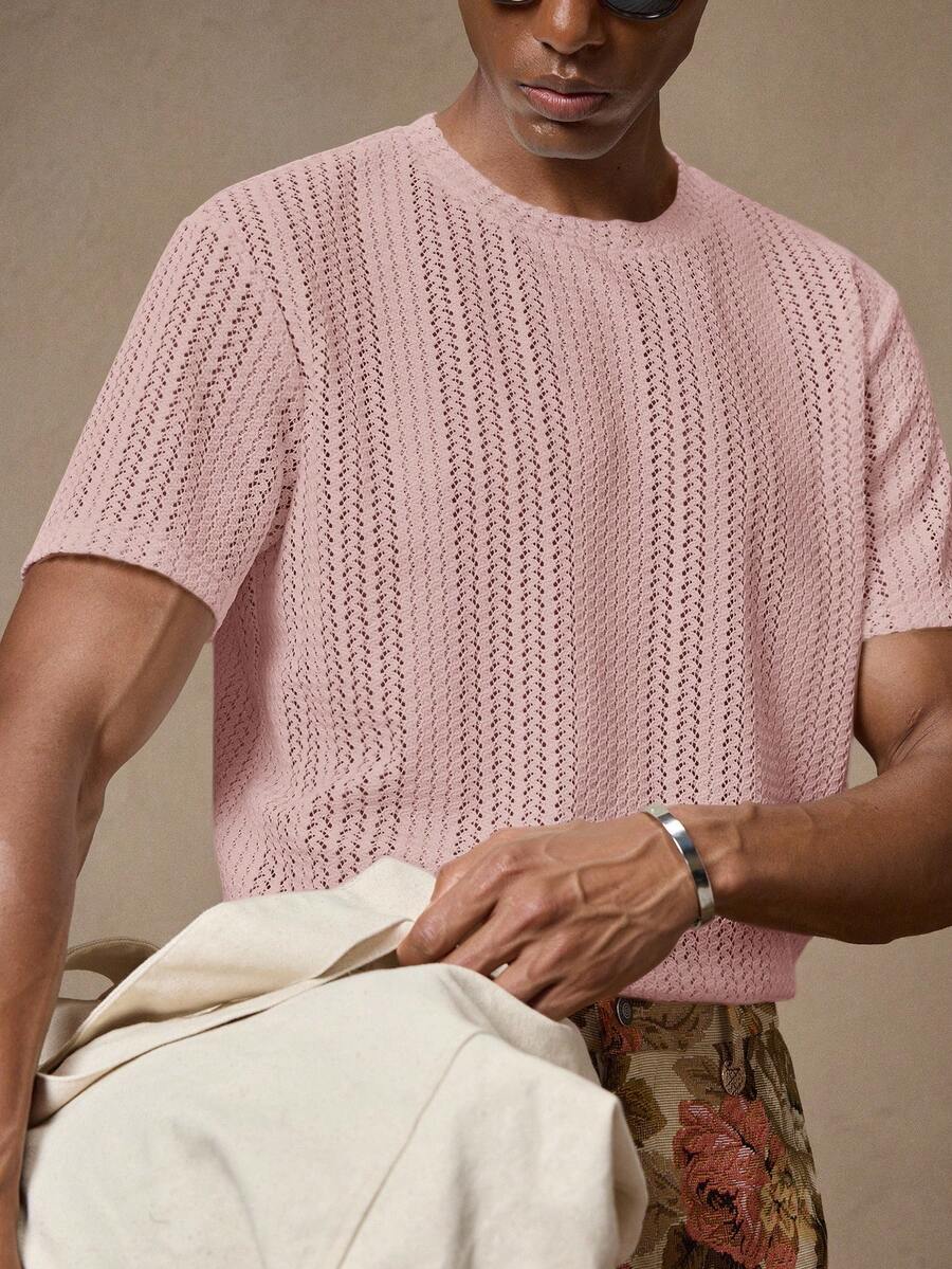 AKNOTIC Business Casual 男士针织提花钩编组合短袖T恤,适合夏季、度假、休闲穿着、派对、情侣装、男士礼物、父亲节礼物。 - 珊瑚粉 - 查看 1