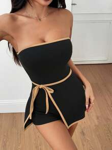 SHEIN PETITE 休闲商务撞色边无袖连衣连衣裙 - 黑色 - 查看 4