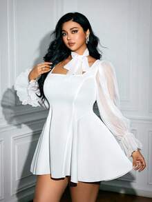 Viva Relle Damen Große Größen Einfarbiges Quadratausschnitt Mesh Langarm Elegantes Modekleid - Weiss - Übersicht 5