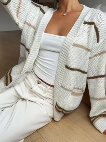 Flirla Áo khoác cardigan họa tiết sọc thường ngày dành cho nữ, Thu/Đông - Nhiều màu - Xem 5