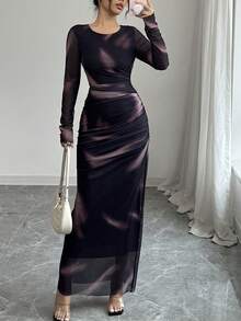 SHEIN 少女优雅弹力渐变色印花网眼褶饰长裙 - 彩色 - 查看 1