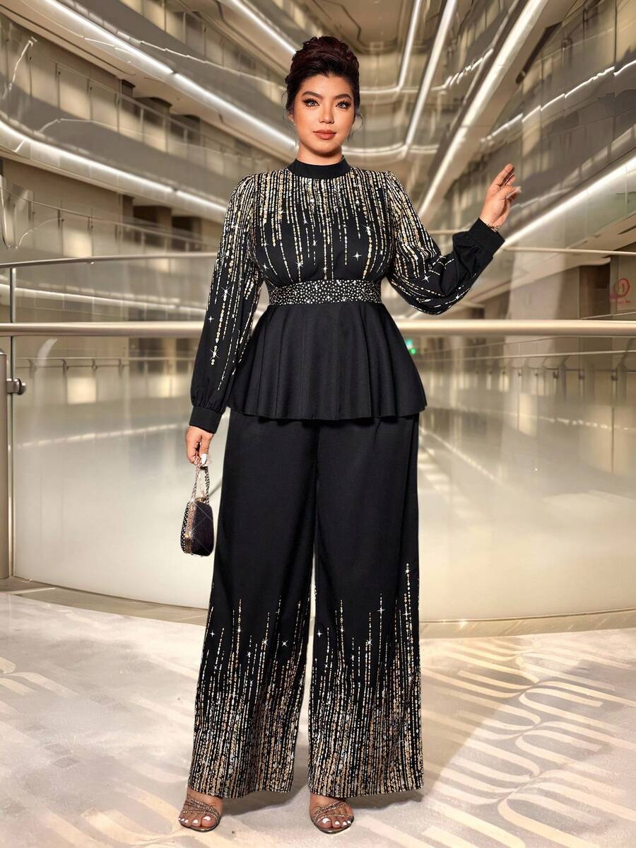 Cravure Christmas Eabrace Your Inner Shadow I Dark Feminine Fashion(Wednesday Aesthetic) Plus Size Elegant Women's Metallic Foil Shirt And Pants Two Pieces Set, Suitable For Back To School, Graduation, Valentine's Day, Music Festivals, Mother's Day, Halloween, Thanksgiving, Easter, National Day, Prom, Date Parties, Wedding Season, Outdoor Trips - Black - View 1