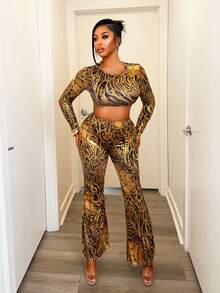 BamGleam 2pcs Leopard Print Sexy Crop Top And Flare Pants Set - Coffee Brown - View 3