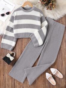 SHEIN 2 件套青少年女孩冬季针织服装，时尚休闲黑白条纹毛衣和针织裤套装