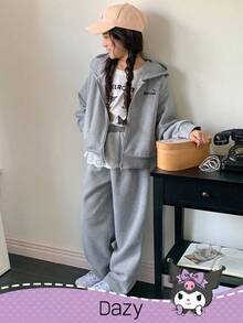 DAZY HELLO KITTY AND FRIENDS | SHEIN 秋冬款少女卡通图案针织连帽卫衣和运动裤套装 - 灰色 - 查看 1