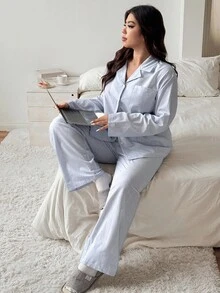 Dazy Plus 2pcs/Set Casual Striped Loose Fit Top And Pants Pajama Set, Suitable For Loungewear Or Outerwear, Plus Size Women, Spring/Autumn Fall Winter Clothes