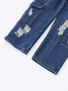 SHEIN 年轻女孩 Y2K 酷炫休闲破洞多口袋松紧腰 3D 口袋水洗蓝色牛仔裤