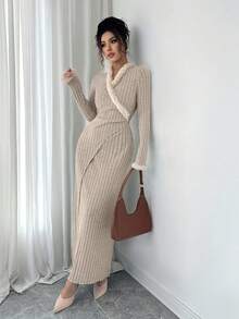 Elenzga 女士优雅时尚通勤休闲舒适迷人复古温柔浪漫长袖拼接毛绒袖口和领口装饰腰部修身纯色连衣裙 - 杏色 - 查看 6