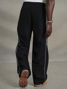 PAVTROS 男士休闲拼色抽绳直筒裤，宽松长款拼接黑色直筒运动裤 - 黑色 - 查看 2