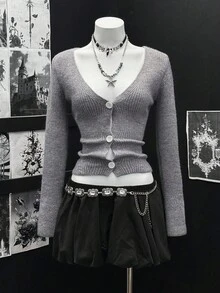 EgrlEra Cárdigan de mujer de cuello en V simple y dulce con mangas acampanadas, suéter de punto gris - Gris - Ver 1