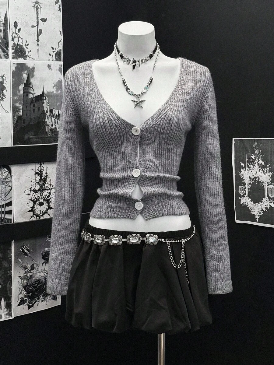 EgrlEra Cárdigan de mujer de cuello en V simple y dulce con mangas acampanadas, suéter de punto gris - Gris - Ver 1