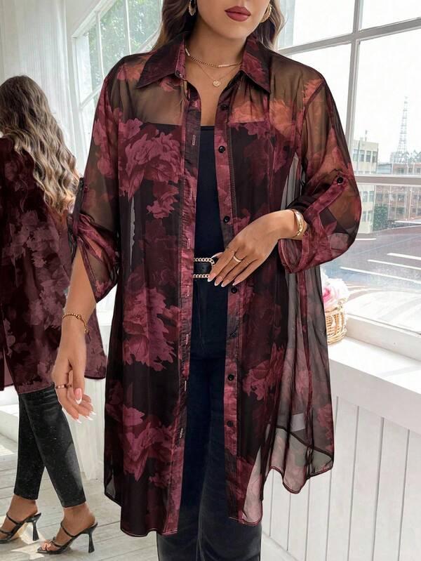 Reflora Plus Size Women Floral Print Mesh Ruffle Sleeve Single-Breasted Long Fashion Shirt