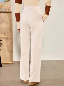 Chiquease Pantalones rectos de cintura alta con elegante patrón de espiga, de color albaricoque, adecuados para el uso diario, para otoño/invierno - Albaricoque - Ver 2