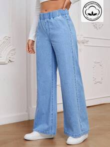 EMERY ROSE Women's All-Match Casual Versatile Elastic Waist Wide Leg Loose Fit Mid-Blue Woven Thin Material Regular Denim Pants - Light Wash - View 4