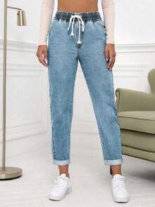 SHEIN Essnce Casual Washed Drawstring Waist Tapered Jeans Thickened Denim