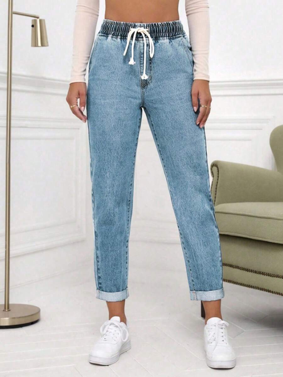 SHEIN Essnce Casual Washed Drawstring Waist Tapered Jeans Thickened Denim