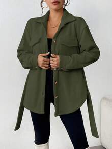 SHEIN LUNE Chaqueta casual de unicolor, versátil para el transporte, otoño/invierno - Verde Oscuro - View 5