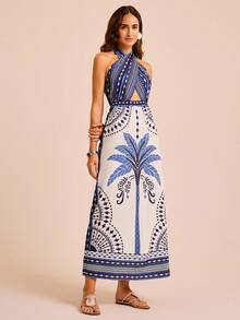 CAJUNI Backless Geometric Palm Tree Print Dress, Sexy For Vacation - Multicolor - View 3