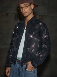 AXEPEAK Men's Washed Rhinestone Embellished Jacket, Brand High-End Lapel Stylish Short Outerwear - Black - View 1