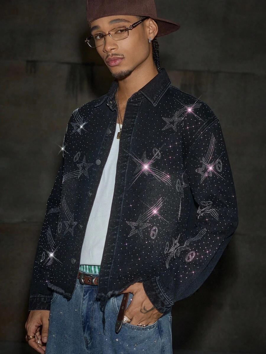 AXEPEAK Men's Washed Rhinestone Embellished Jacket, Brand High-End Lapel Stylish Short Outerwear - Black - View 1