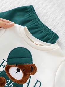 Cozy Pixies 2件套男婴卡通熊刺绣针织柔软圆领长袖卫衣和松紧腰保暖裤套装 - 墨綠色 - 查看 5