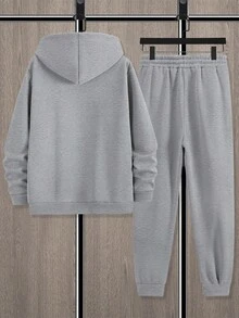 Manfinity Homme 男士保暖内衬纽约字母印花休闲简约通勤卫衣和运动裤套装（2件套），秋冬季送给丈夫或男友的完美礼物，大码男友礼物 - 灰色 - 查看 2