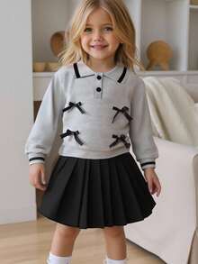 2pcs/Set Girls Casual Outfit, Bow Polo Shirt And Black Pleated Skirt, School Style Fall Winter