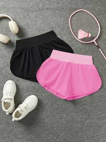 SHEIN 2 件套青少年女孩黑色和粉色简约宽松舒适百搭运动休闲装，高腰设计贴身修身，吸湿排汗，适合春夏季 - 彩色 - 查看 3