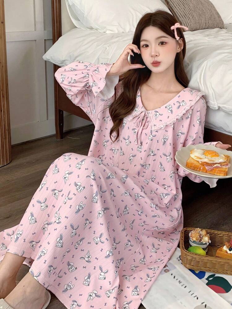 Cute Rabbit Print Peter Pan Collar Ruffle Trim Long Women Nightgown Pajama