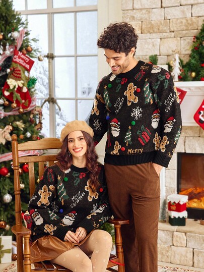 HIMLAND Suéter de punto con elementos navideños para hombres, de corte holgado, cuello redondo y manga larga, suéter navideño para hombres, suéter navideño a juego para parejas de hombre y mujer, para otoño e invierno