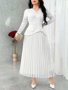 Modelyn Damen Einfarbiges Kleid mit V-Ausschnitt, Langarm, plissiertem Saum, elegantes Midi-Kleid - Weiss - Übersicht 5