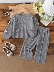 SHEIN 2 件套女婴休闲百搭长袖上衣和裤子套装，适合春秋冬季日常穿着