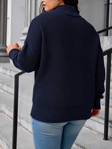 Calvaya Pulover casual cu mânecă lungă și guler înalt, pentru femei, mărime plus, culoare solidă, pentru femei, model toamnă/iarnă - Albastru marin - Vizualizare 2