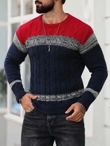 Manfinity Homme 男士撞色麻花图案圆领长袖休闲毛衣，秋冬 - 彩色 - 查看 6