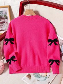 SHEIN Áo len oversize có nơ trang trí cho bé gái, phong cách ba lê, áo chui đầu cổ tròn dáng rộng, điểm nhấn nơ đen - Màu Hồng Tươi - Xem 2