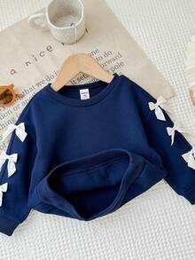 SHEIN Babygirl 可爱百搭海军蓝蝴蝶结长袖卫衣，秋冬 - 藏蓝色 - 查看 4