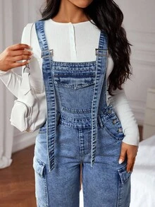 SHEIN PETITE Peto vaquero casual lavado para mujer - Azul - Ver 3