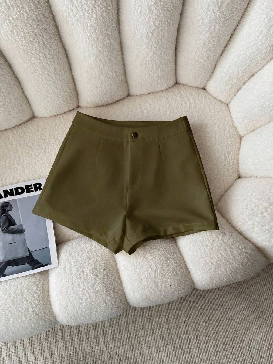 INAWLY Women's Solid Color Button Design Casual Loose Shorts - Army Green - View 1