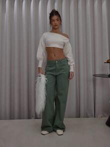 MUSERA Wide Leg Low Rise Green Washed Denim Jeans Cute Classy Casual Streetwear Sexy Going Out Fall Autumn Toffee  Chic