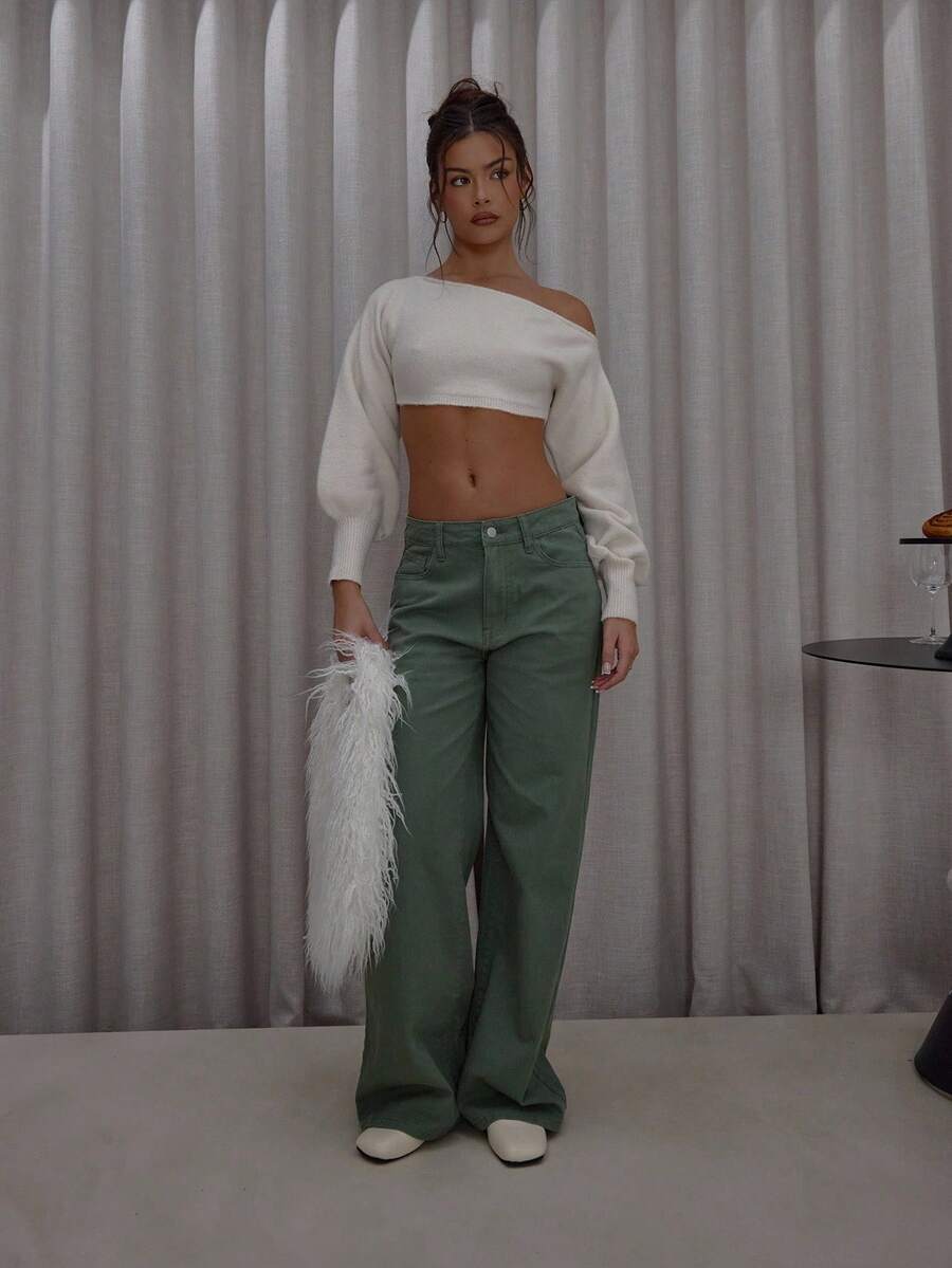 MUSERA Wide Leg Low Rise Green Washed Denim Jeans Cute Classy Casual Streetwear Sexy Going Out Fall Autumn Toffee  Chic