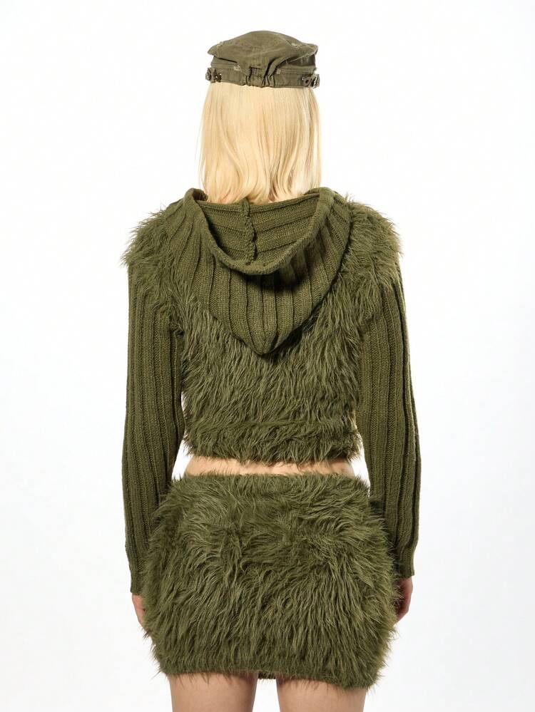 SUMWON WOMEN Fuzzy Faux Fur Cropped Hoodie