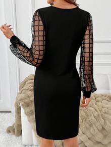 SHEIN Clasi Mesh Patchwork Elegant Commuter Versatile Black Mini Dress With Long Sleeves Fall Clothes For Women Going Out Outfit,Dresses For Women Party