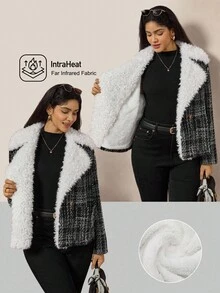 Zelara Plus Size Women Fuzzy Lapel Neck Long Sleeve Plaid Loose Casual Jacket, Autumn Winter Tweed Jacket Women Teddy Collar Tweed Jacket Plus Size Tweed Jacket Women For Women Casual Women's Winter Winter Women's Winter Jacket Going Out Tops Going Out Female Country Look Plaid Chic Women's Jacket Chic Blazer Women Autumn For Women Black Jacket Winter For Women Women's Winter Thanksgiving For Women - Black and White - View 6