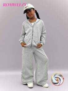 Minimalist Fashion Tween Girl Plain Long Sleeve Zip Hooded Jacket & Wide Leg Pants Casual Suit Fall Winter - Grey - View 9