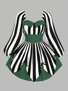 Sweetra 大码女式复古大胆前卫学院街头时尚数码印花朋克黑暗小丑魔术师黑白条纹波尔卡圆点舞台夜总会主题派对酒吧长袖连衣裙，适合万圣节、返校季、节假日、日常穿着 - 彩色 - 查看 1