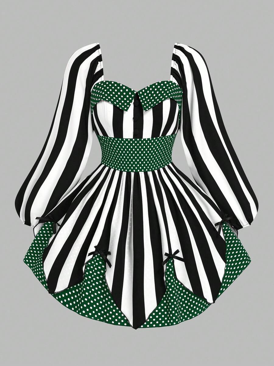 Sweetra 大码女式复古大胆前卫学院街头时尚数码印花朋克黑暗小丑魔术师黑白条纹波尔卡圆点舞台夜总会主题派对酒吧长袖连衣裙，适合万圣节、返校季、节假日、日常穿着 - 彩色 - 查看 1